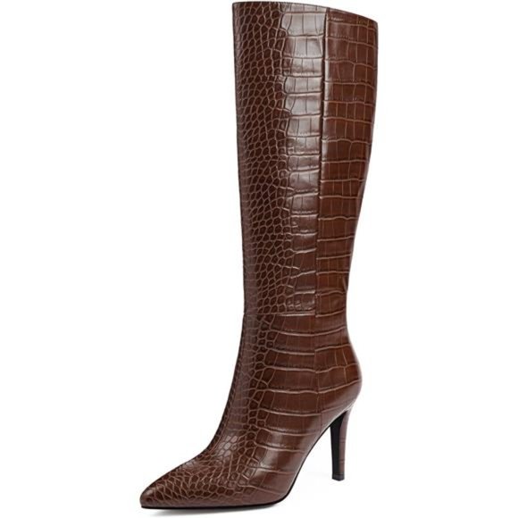 Knee High Boots Toe Stiletto High Heel Side Zipper Long Boots Crocodile Boots - Picture 1 of 7
